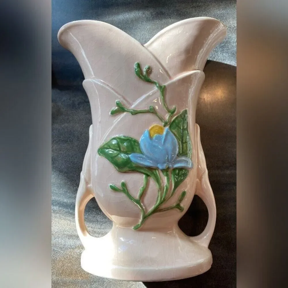 Vintage Hull Art Vase Pink Flowers 11 x 8.5” Double Handle
